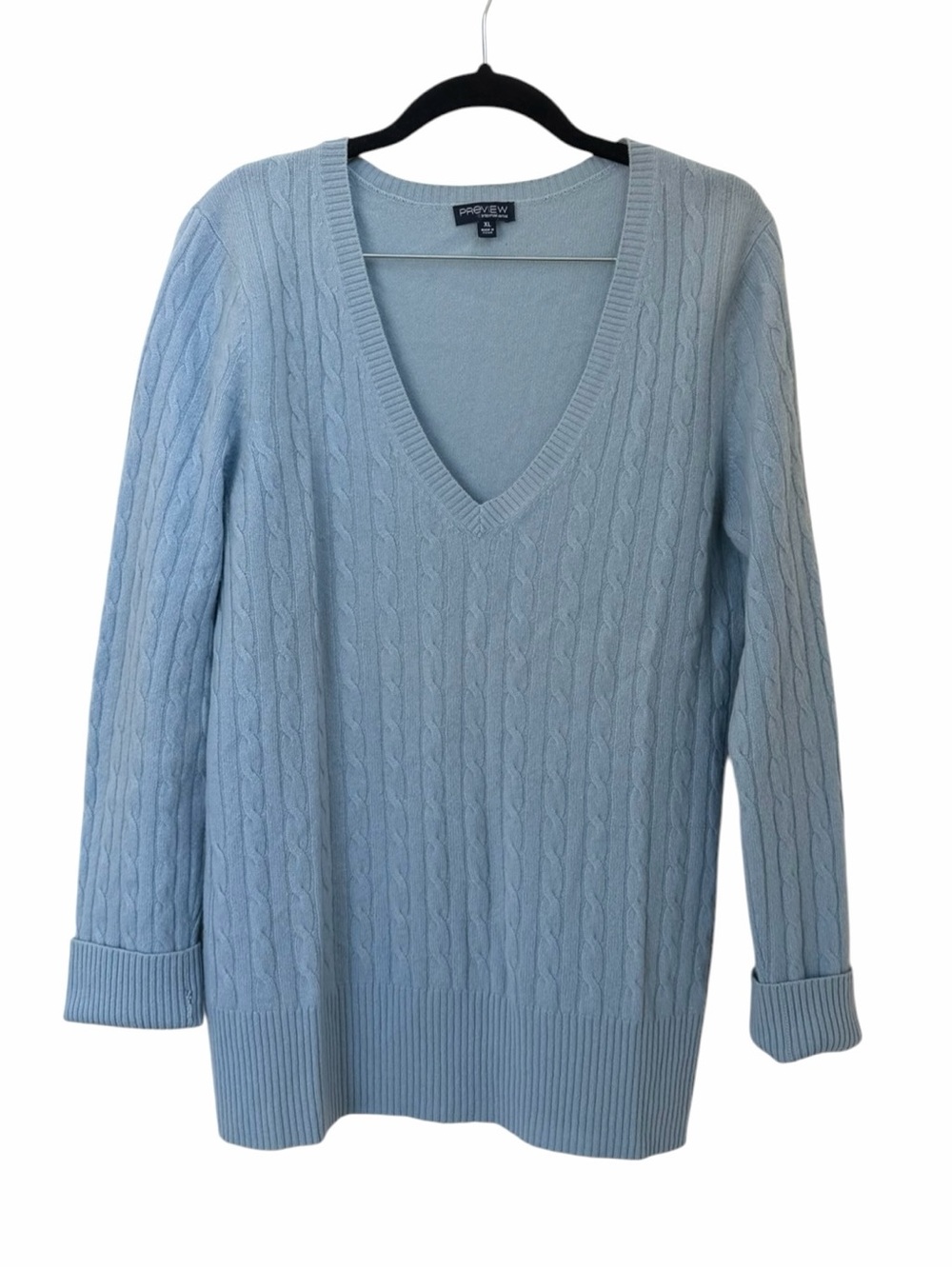 Cashmere Preview International Light Blue Cable Knit V-Neck Sweater